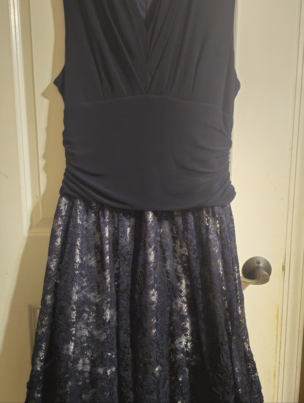SLNY Navy V-Neck Lace Midi Dress